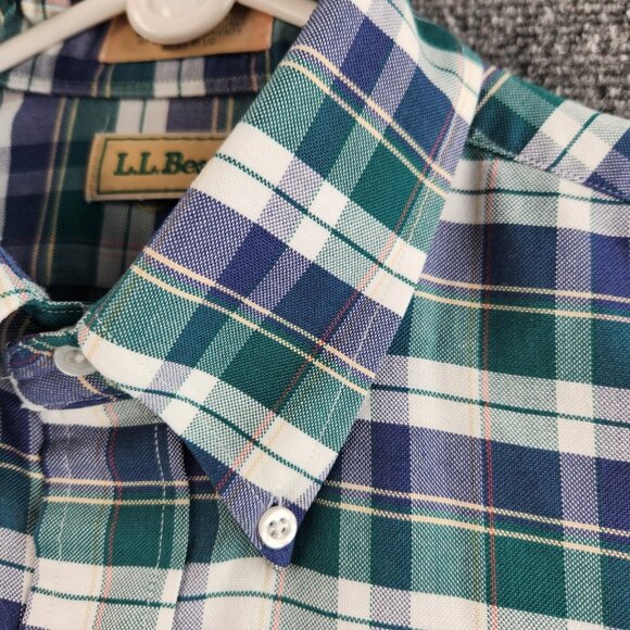 VTG LL Bean Button Up Shirt Short Sleeve Plaid Cotton Blend 16.5 Woven Oxford - Picture 5 of 14